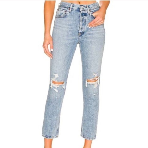 Agolde Denim - Agolde Tapered Straight Distressed Riley Jean High Rise Button Fly Size 24